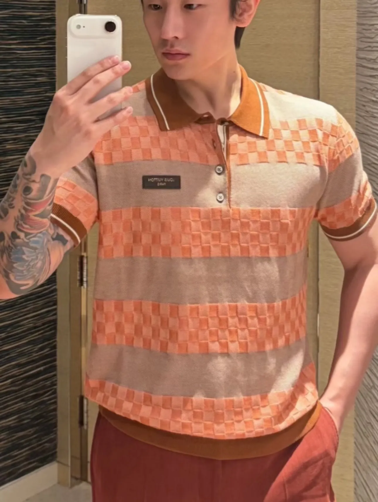 Louis Vuitton/Louis Vuitton 26ss leather striped checkerboard knitted Polo short sleeves